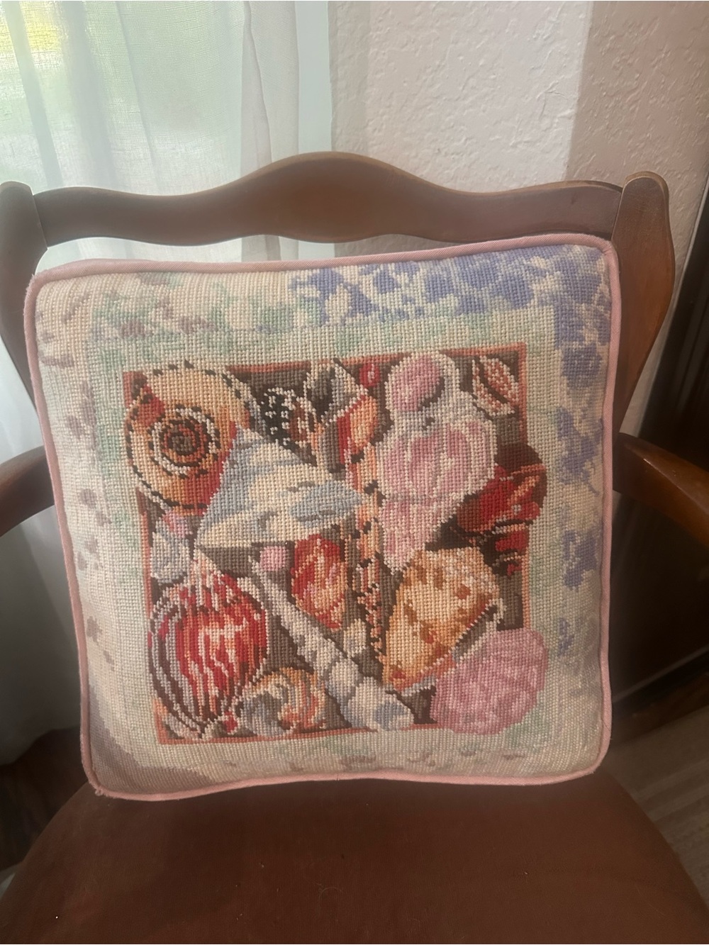 Needlepoint Seashell Pillow - Pastel Pink & Lavender